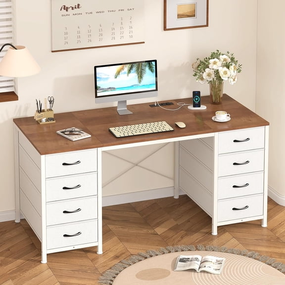 50 Inch Computer Desk with 8 Drawers for Home Office, Bedroom, Living Room | Home Office Desks with Power Outlets, Work Study Gaming Desk with 8 Fabric Drawers, Black