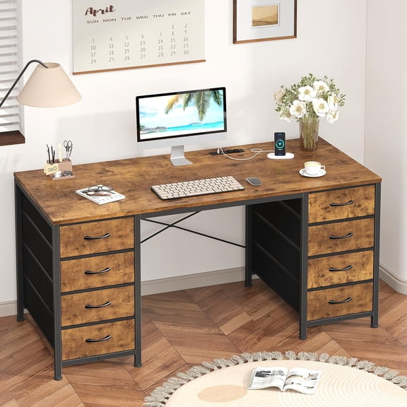 50 Inch Computer Desk with 8 Drawers for Home Office, Bedroom, Living Room | Home Office Desks with Power Outlets, Work Study Gaming Desk with 8 Fabric Drawers, Rustic Brown