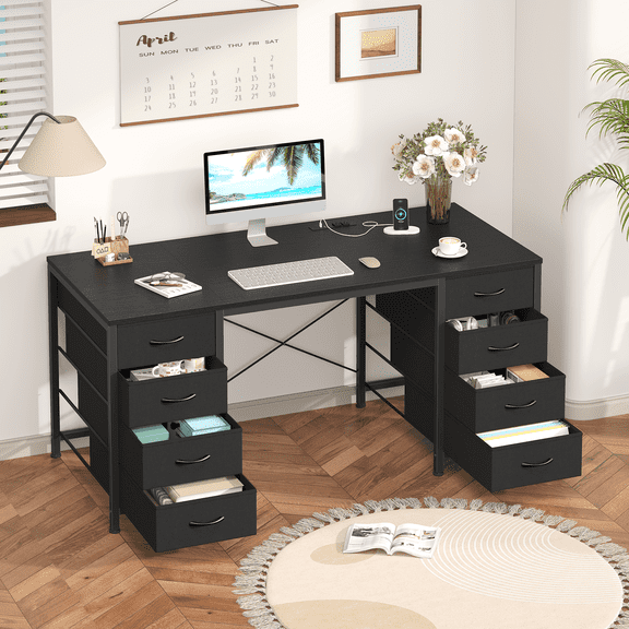 50 Inch Computer Desk with 8 Drawers, Home Office Desk with Power Outlets, Work Study Gaming Desk with 8 Fabric Drawers, Black