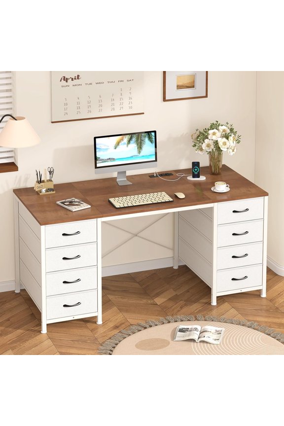 50 Inch Computer Desk with 8 Drawers, Home Office Desk with Power Outlets, Work Study Gaming Desk with 8 Fabric Drawers, Brown and White