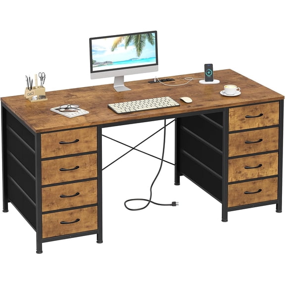 50 Inch Computer Desk with 8 Drawers, Home Office Desk with Power Outlets, Work Study Gaming Desk with 8 Fabric Drawers, Rustic Brown