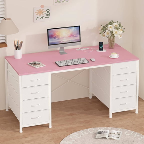 50 Inch Computer Desk with 8 Fabric Drawers, Integrated Power Strip (2 USB + 2 AC Outlets), Sturdy MDF & Metal Frame