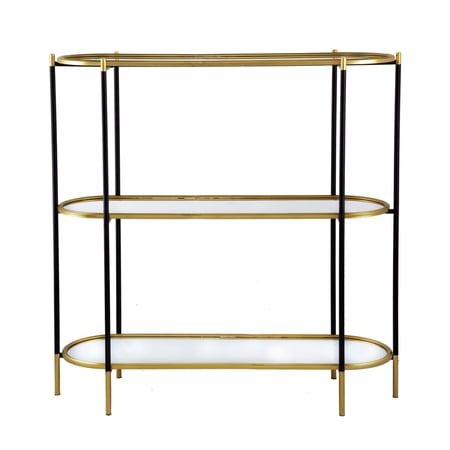 50 Inch Console Table, 3 Tier, Oblong Shaped Mirrored Top, Gold Iron Frame- Saltoro Sherpi