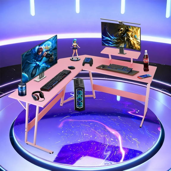 50 Inch Corner Desk  L- Shaped Gaming Desk Large Computer Desk with Monitor Stand for Home Office Sturdy Gaming Table Writing Workstation, Easy to Assemble, Pink