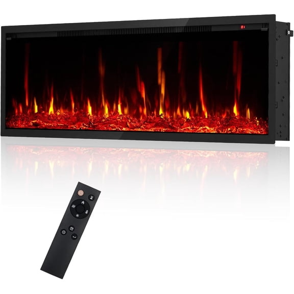 50 Inch Electric Fireplace Insert Heater, Ultra‑Thin Linear Wall‑Mounted Recessed Built‑In, 750/1500W 5000 BTU, 12 Flame Colors, Log & Crystal, Remote & Touch, Timer, Low Noise, 400 Sq Ft Coverage