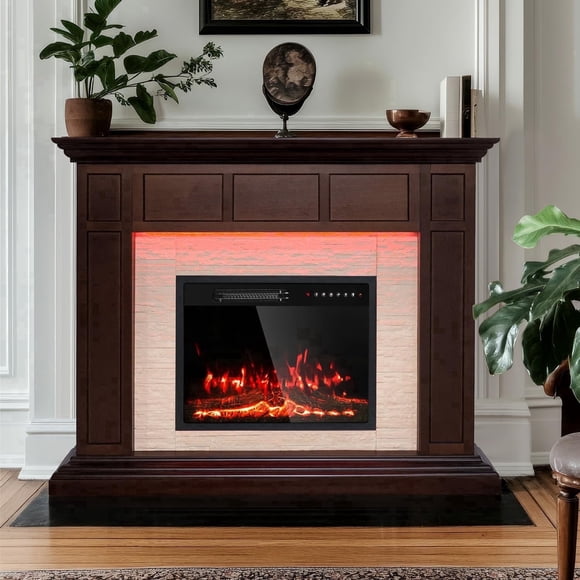 Kincubow Electric Fireplace with Mantel, Corner Design Entertainment Center, 23 Inch Electric Fireplace Heater, LED Flame Effect, Remote Control, Coffee