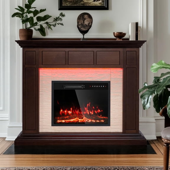 50 Inch Electric Fireplace TV Stand with Mantel, Corner Fireplace with 23" Insert Heater, 13 LED Colors & 12 Flame Colors, Remote Control, Realistic 3D Flame for Living Room Bedroom, Coffee