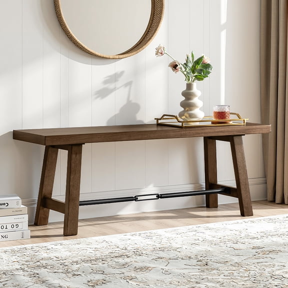 50 Inch Farmhouse Dining Bench Solid Wood Entryway Bench with Metal Crossbar Support for Dining Room, Kitchen, Hallway, Entryway