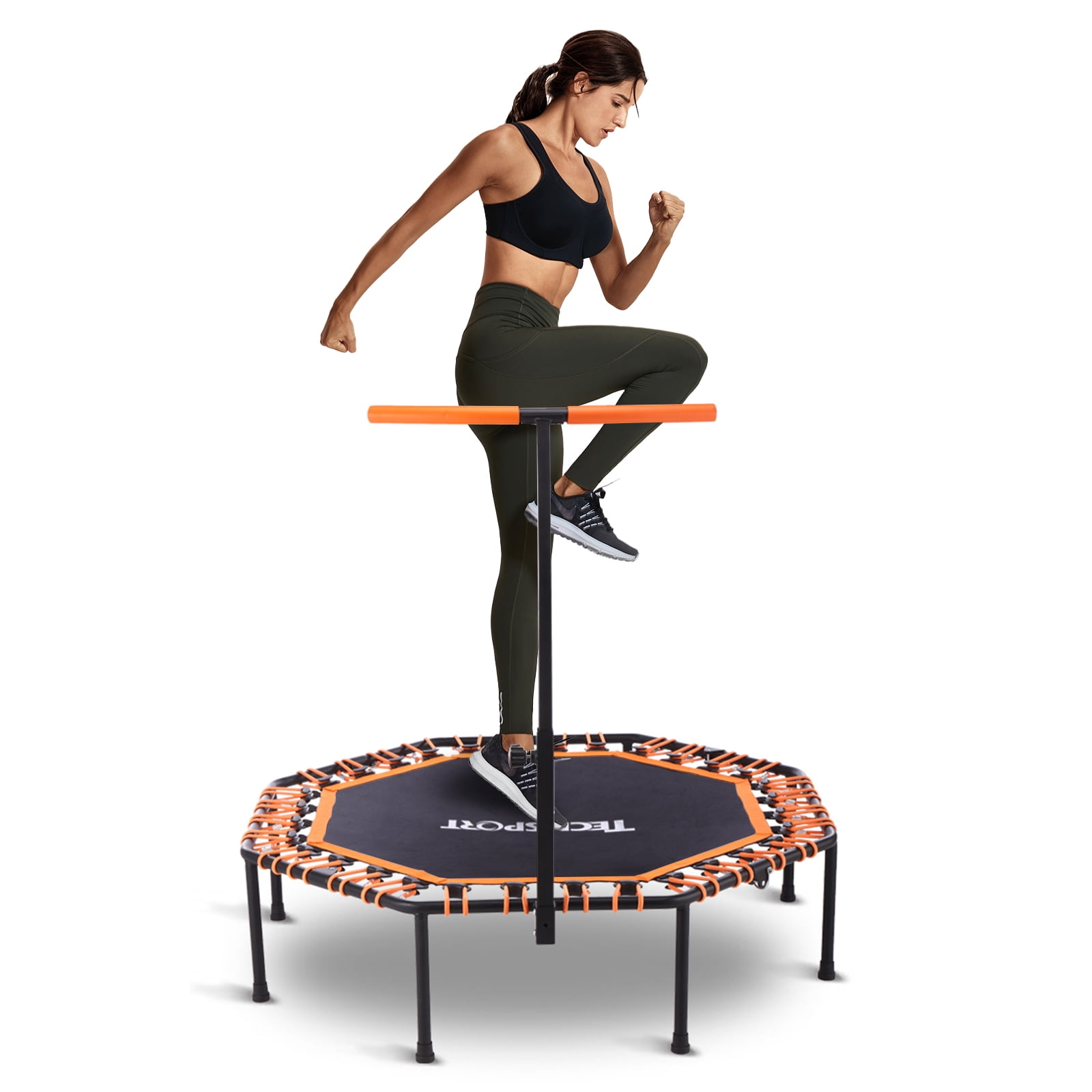 50 Inch Fitness Trampoline with T-Bar Handle – Quiet Adult Mini Trampoline with Silent Elastic Ropes, 10-Minute Fat Burning Cardio Workout at Home, Easy Assembly, Red/Black