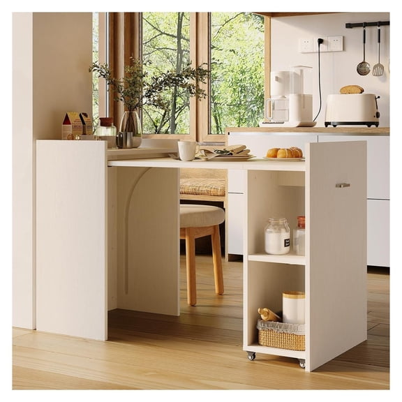 50 Inch Folding Dining Table with Storage Cabinet, Extendable Drop Leaf Desk with 2 Tier Shelves and Wheels