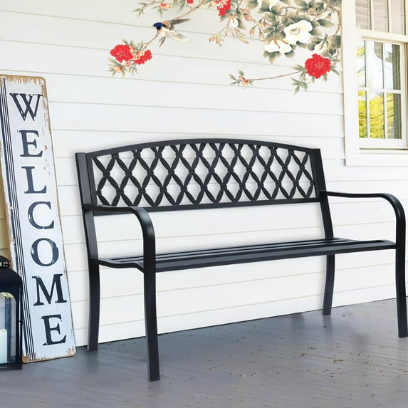 50 Inch Garden Bench Outdoor Metal Yard Furniture Capacity 705lbs Cast Iron Cross Design Three Person Seats Patio Chair for Front Porch Backyard, Black