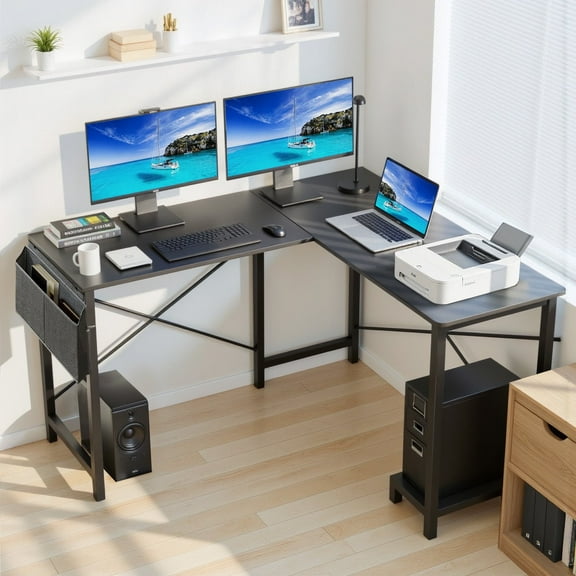 TINKLE WELL 50-inch L-Shaped Computer Desks, Corner Gaming Table with Wooden Desktop, Reversible Design, CPU Stand and Side Bag for Home Office, Study, Black