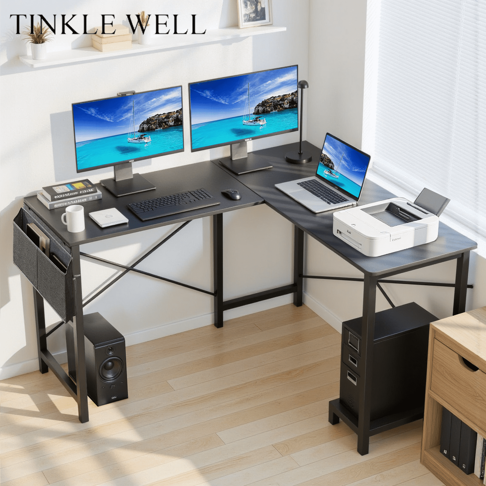 TINKLE WELL 50-inch L-Shaped Computer Desks, Corner Gaming Table with Wooden Desktop, Reversible Design, CPU Stand and Side Bag for Home Office, Study, Black