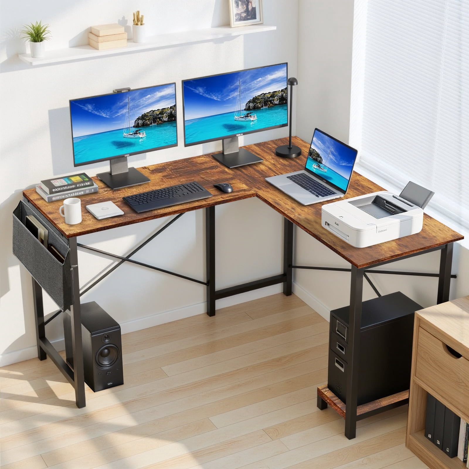 TINKLE WELL 50-inch L-Shaped Computer Desks, Corner Gaming Table with Wooden Desktop, Reversible Design, CPU Stand and Side Bag for Home Office, Study, Vintage Brown