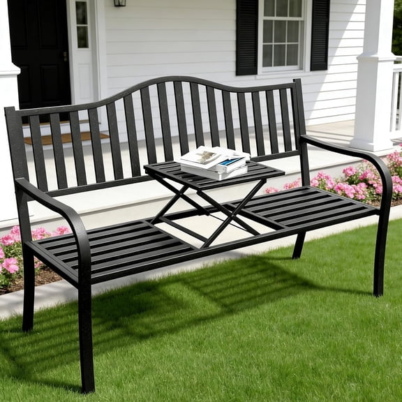 YLGJ&TIDY Outdoor Garden Bench with Built-in Table, Metal Patio Bench, Backrest Armrests, Weatherproof, 60", Black