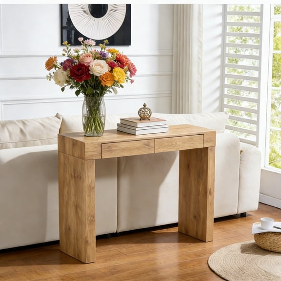 50-Inch Modern Wooden Tall Narrow Desk Entryway Console Sofa Bar Table with 2 Drawers for Home Office Living Room, Kitchen, Dining Area Hall, Natural