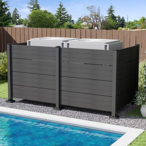 50 Inch Outdoor Privacy Screen for Air Conditioner, Vinyl AC Fence Cover with Aluminum Posts, 4 Panel Freestanding Trash Can Enclosure for Backyard Patio Garden, Dark Grey