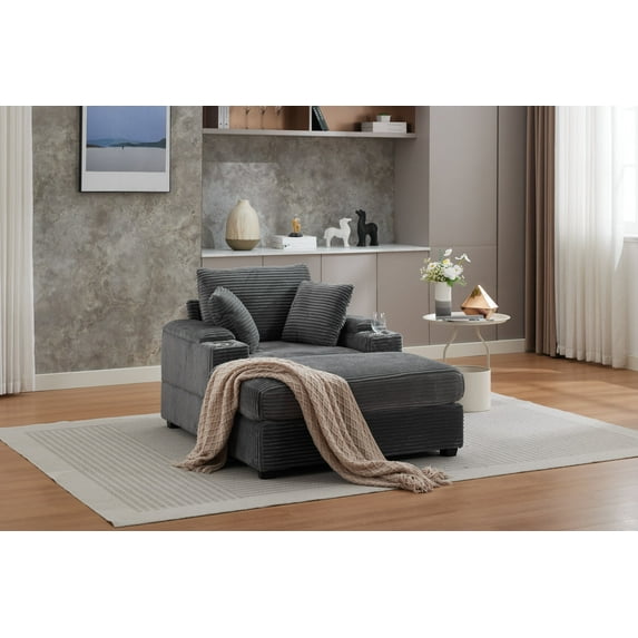 50 Inch Oversized Chaise Lounge with Ottoman and 2 Cup Holder, Corduroy Sleeper Chair with Handrail Storage and Side Pocket, Upholstered Sofa Bed for Living Room, Bedroom, Office, Grey