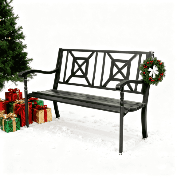 YLGJ&TIDY 50 inch Outdoor Park Bench with Backrest, Steel Powder-Coated Patio Garden Bench for Porch, Lawn, and Backyard, Black