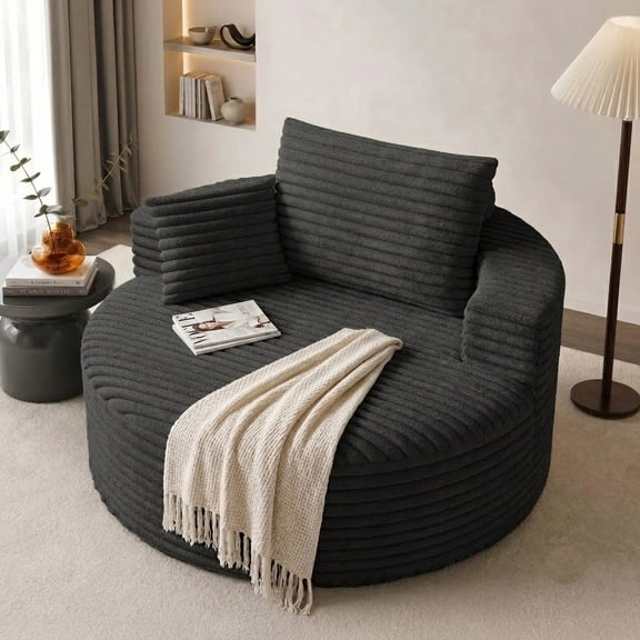 50 Inch Round Chair Lounge Chaise Indoor, Upholstered Cloud Circle Chair with Deep Seat, Black, Fabric and Metal