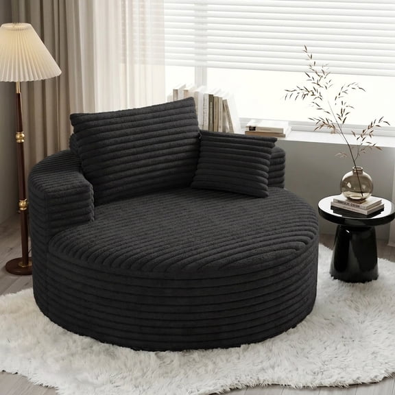50 Inch Round Chair Lounge Chaise Indoor, Upholstered Cloud Circle Chair with Deep Seat, Black, Fabric and Metal