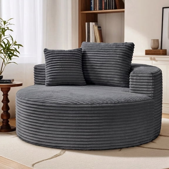 50 Inch Round Lounge Chair, Upholstered Cloud Circle Chaise with Deep Seat, Gray, Fabric and Metal