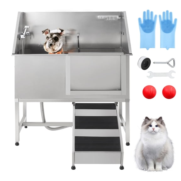 50-Inch Stainless Steel Pet Bathing Station, 250LB Capacity Grooming Tub with Right Sliding Door & Ramp, Includes Partition, Polished Silver Finish