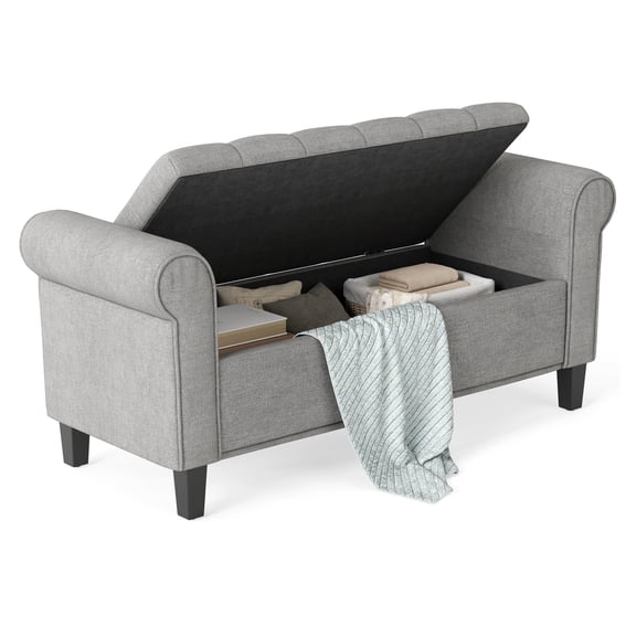 50 Inch Storage Ottoman Bench, Gray - End of Bed Bench with Rolled Arms, Button Tufted, Wood Legs