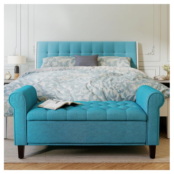 50 Inch Storage Ottoman Bench, Teal Velvet End of Bed Bench with Rolled Arms, Button Tufted Living Room Bench with Wood Legs
