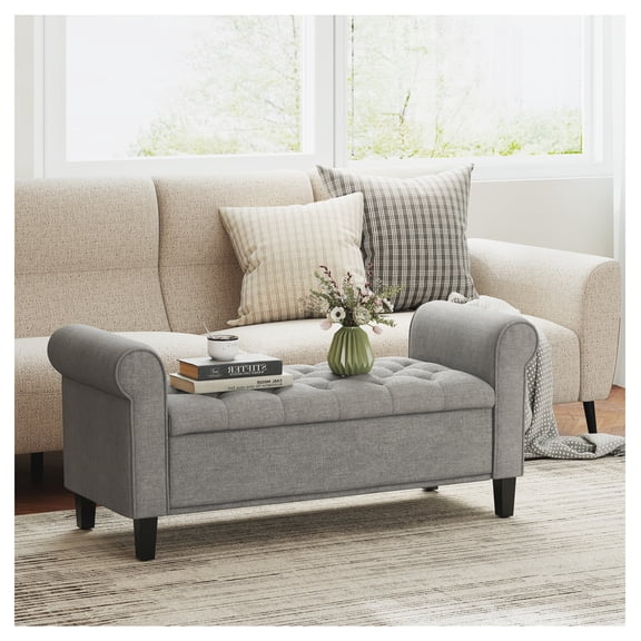 50 Inch Storage Ottoman, End of Bed Bench, Rolled Arms, Gray - Button Tufted Living Room Bench with Wood Legs & Hidden Storage