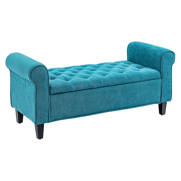 50 Inch Storage Ottoman, Teal End of Bed Bench with Rolled Arms, Button Tufted Storage Ottoman with Wood Legs, Living Room Footrest