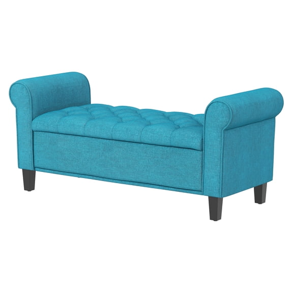 50 Inch Storage Ottoman, Teal End of Bed Bench with Rolled Arms, Velvet Button Tufted Storage Bench with Wood Legs