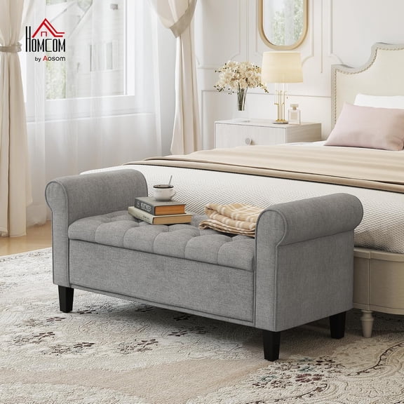 50 Inch Storage Ottoman with Rolled Arms and Button Tufted Design for Bedroom Living Room Entryway