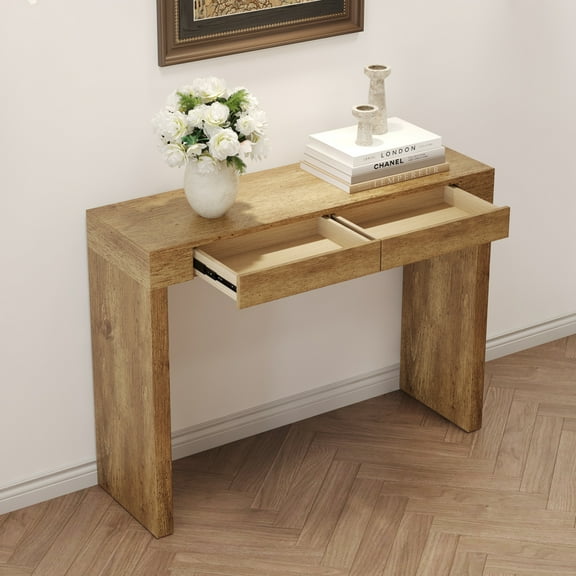 50 Inch Wood Grain Entry Table with Two Drawers, Practical Entryway Table with Invisible Groove Handles, Modern Rectangle Desk with Adjustable Non-slip Feet, Natural  Wood
