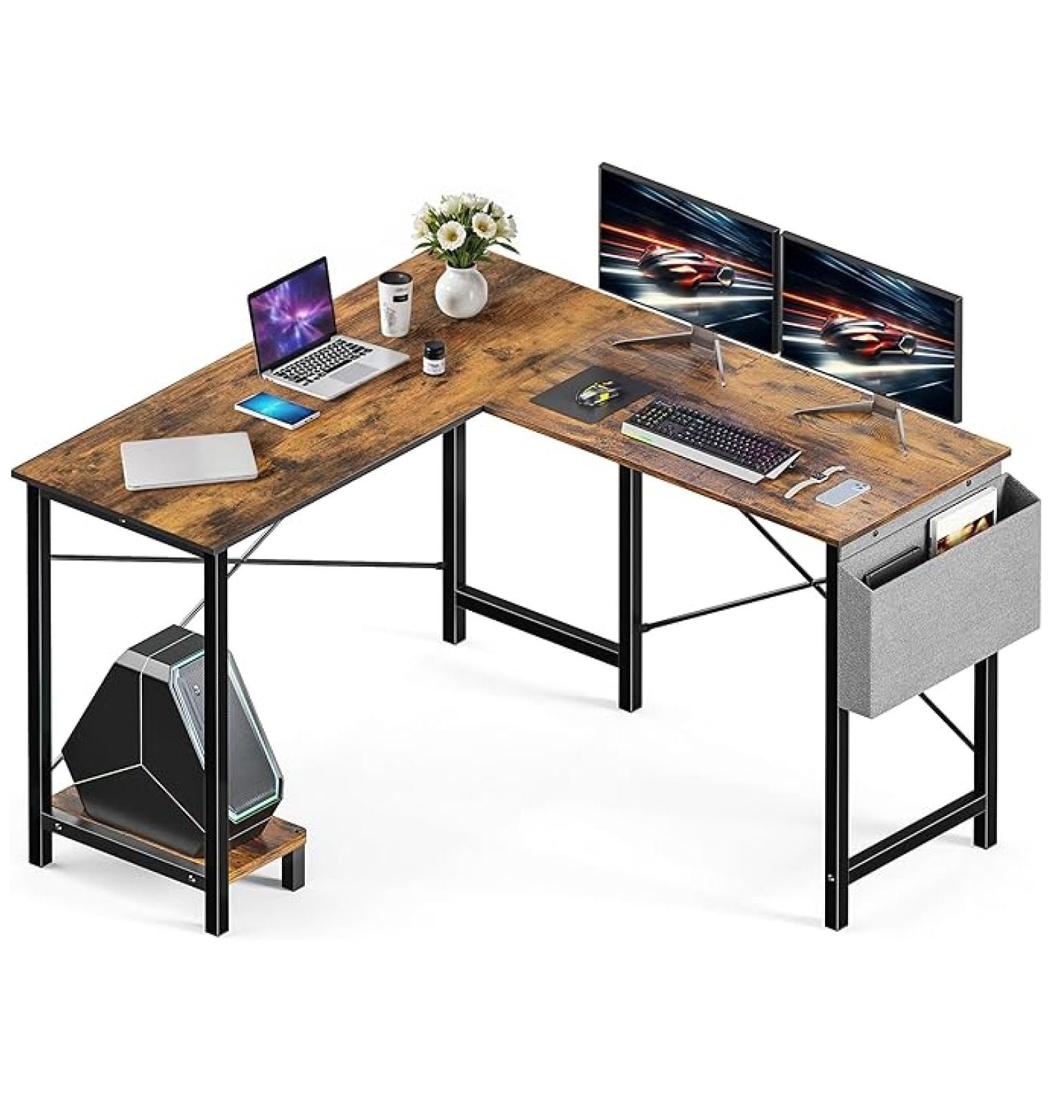 50 Inches L Shaped Home Office Computer Desk Reversible Corner Table PC with Wood Metal Frame CPU Stand Side Bag for Gaming, Working and Studying, Rustic