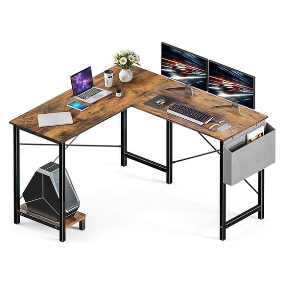 50 Inches L Shaped Home Office Computer Desk Reversible Corner Table PC with Wood Metal Frame CPU Stand Side Bag for Gaming, Working and Studying, Rustic