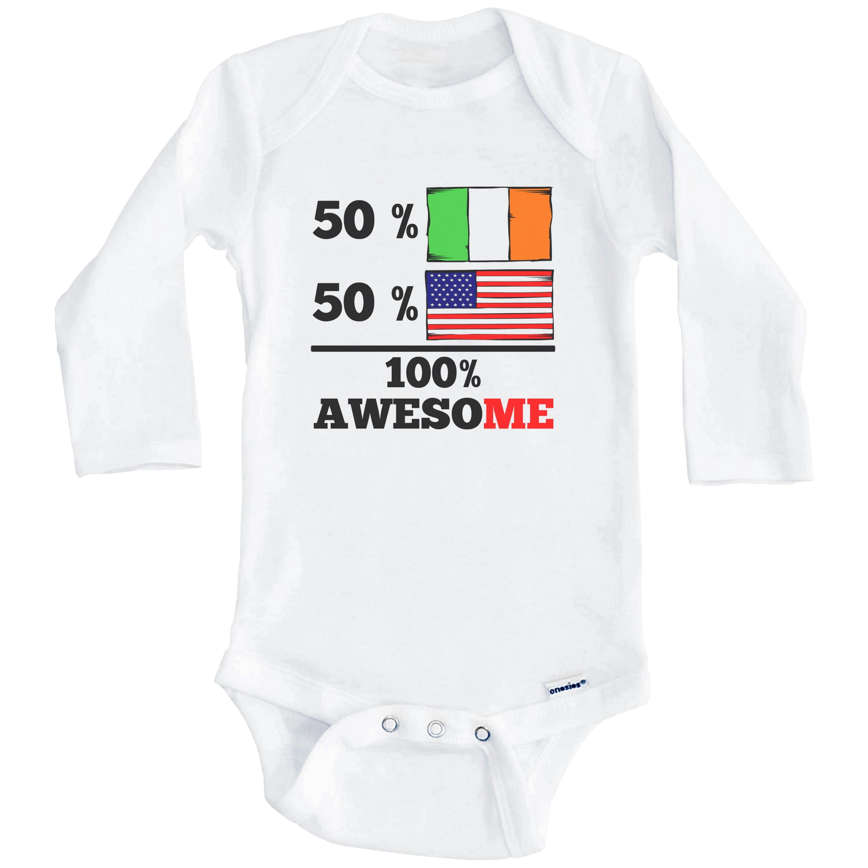 50% Irish 50% American 100% Awesome Funny Ireland Flag One Piece Baby Bodysuit (Long Sleeve), 3-6 Months White