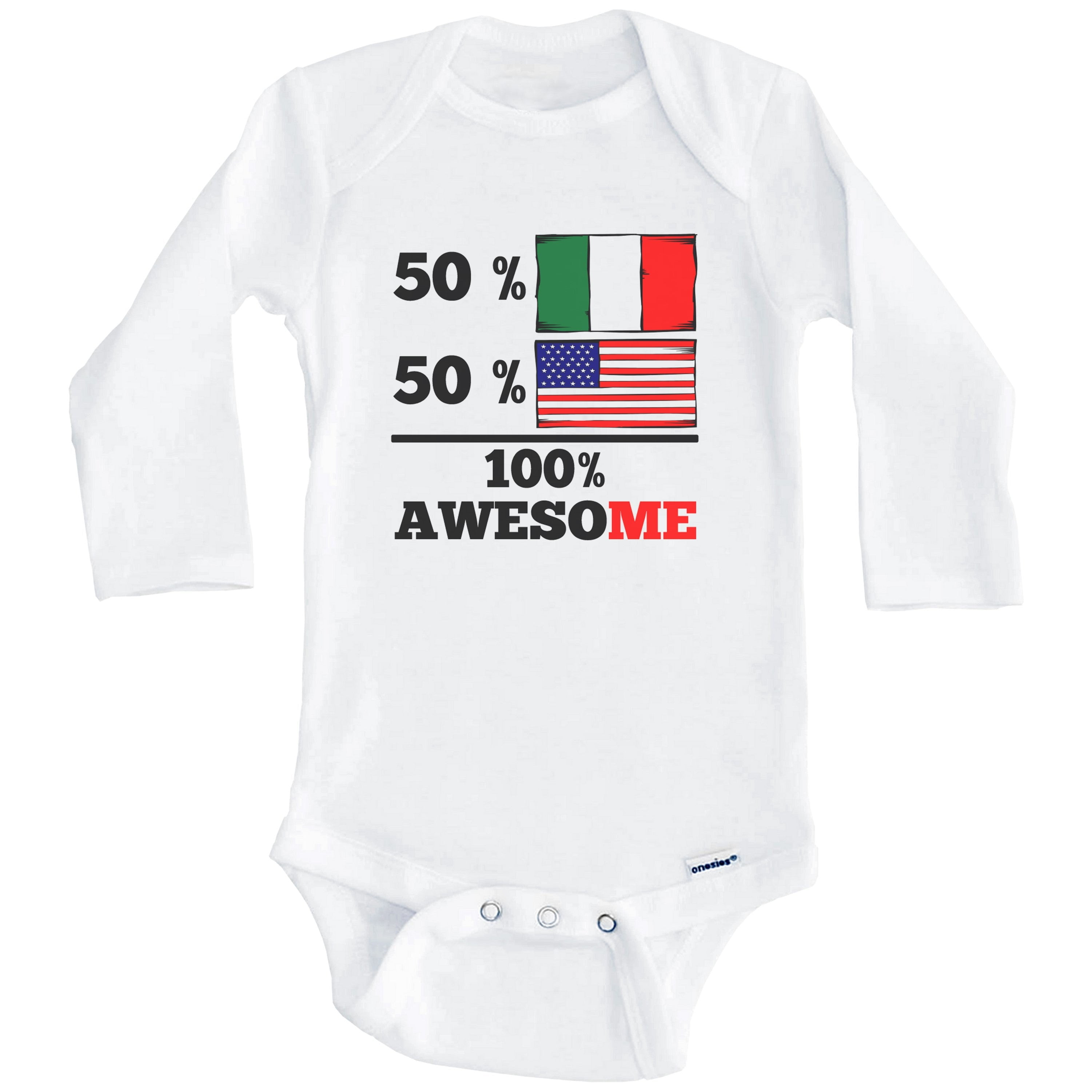 50% Italian 50% American 100% Awesome Funny Italy Flag One Piece Baby Bodysuit (Long Sleeve), 3-6 Months White