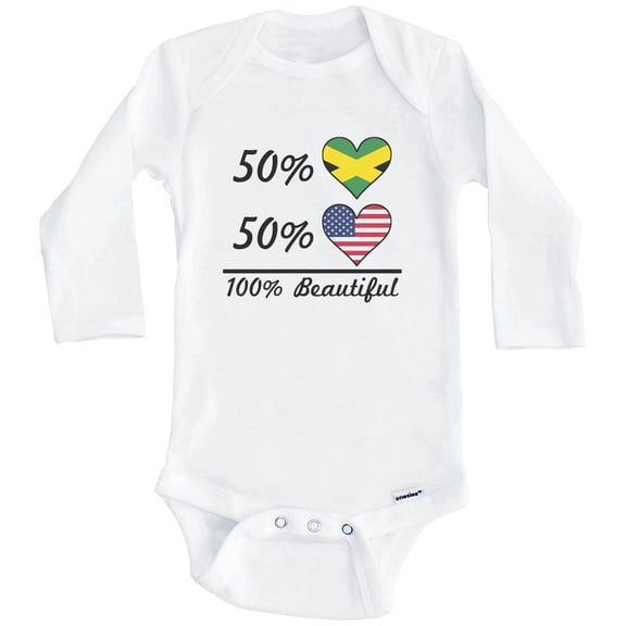 50% Jamaican 50% American 100% Beautiful Jamaica Flag Heart One Piece Baby Bodysuit (Long Sleeve), 0-3 Months White