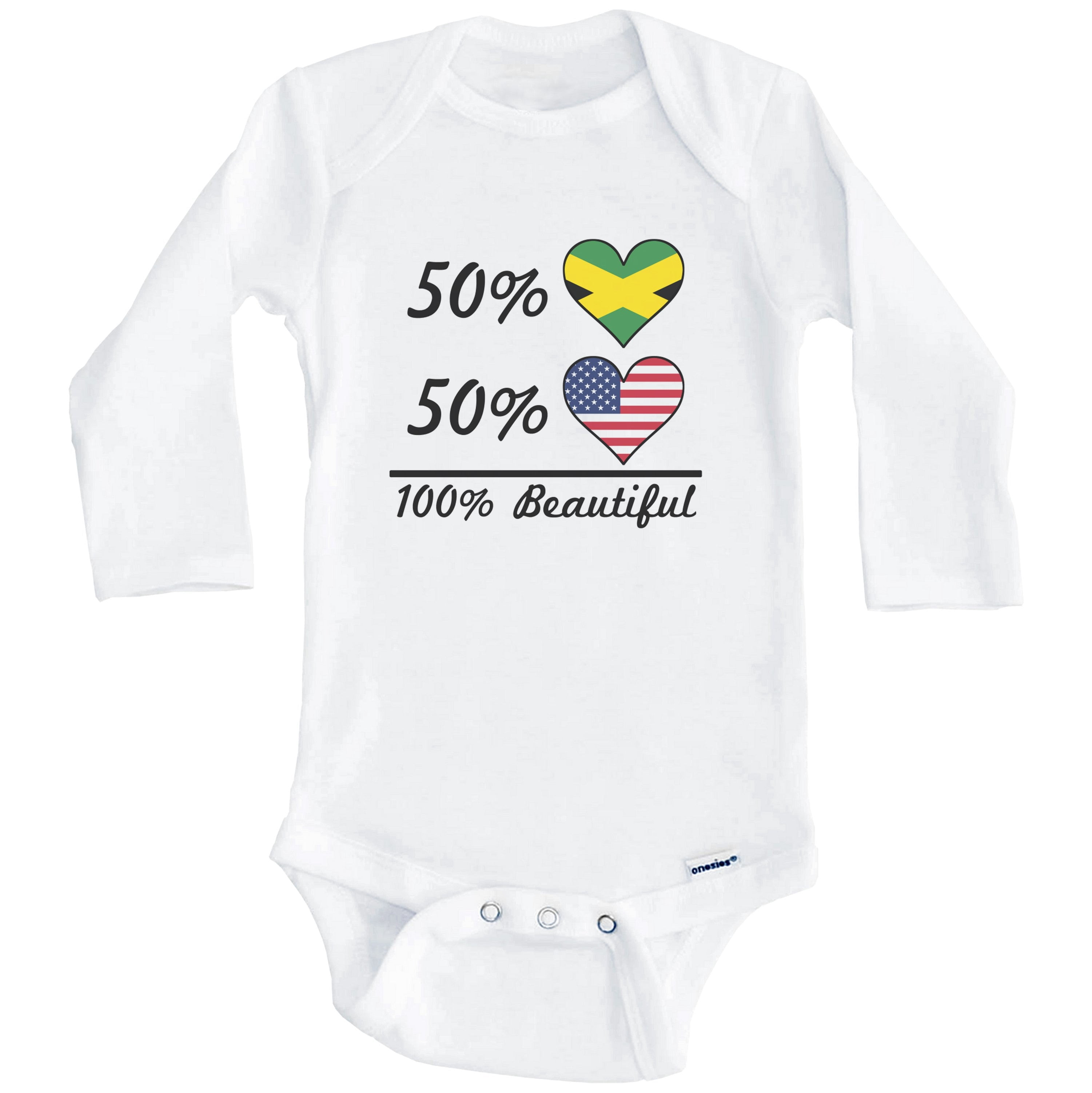 50% Jamaican 50% American 100% Beautiful Jamaica Flag Heart One Piece Baby Bodysuit (Long Sleeve), 6-9 Months White