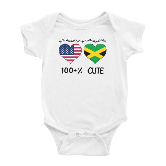 50% Jamaican + 50% American = 100+% Cute Baby Bodysuit Romper (White, 0-3 Months)