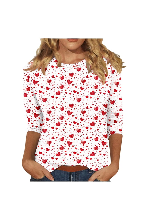 Valentine's Day 3/4 Length Sleeve Womens Tops Crew Neck Loose Casual Blouses Heart Print Tunic Tops Graphic Tees Shirts Gifts for Women