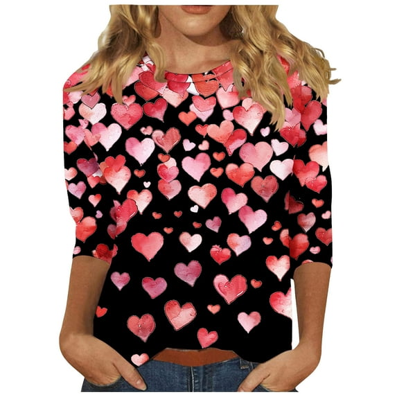 Joau Valentine's Day 3/4 Length Sleeve Womens Tops Crew Neck Loose Casual Blouses Heart Print Tunic Tops Graphic Tees Shirts Gifts for Women