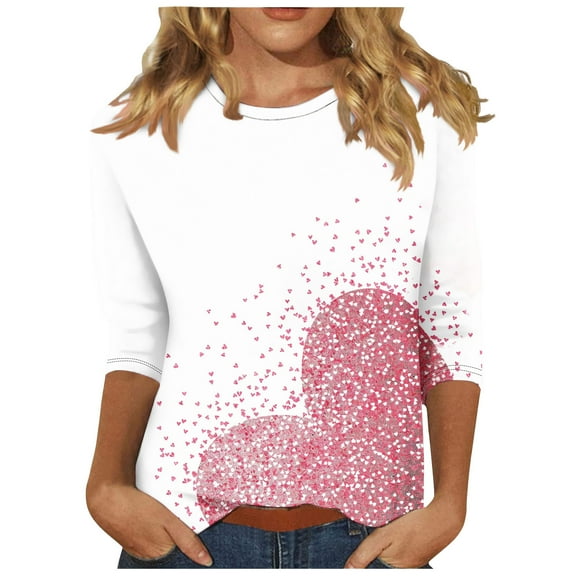 Joau Valentine's Day 3/4 Length Sleeve Womens Tops Crew Neck Loose Casual Blouses Heart Print Tunic Tops Graphic Tees Shirts Gifts for Women