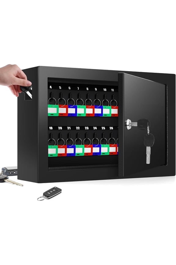 50 Key Hook Black Key Cabinet with Key Tags and Adjustable Organizer