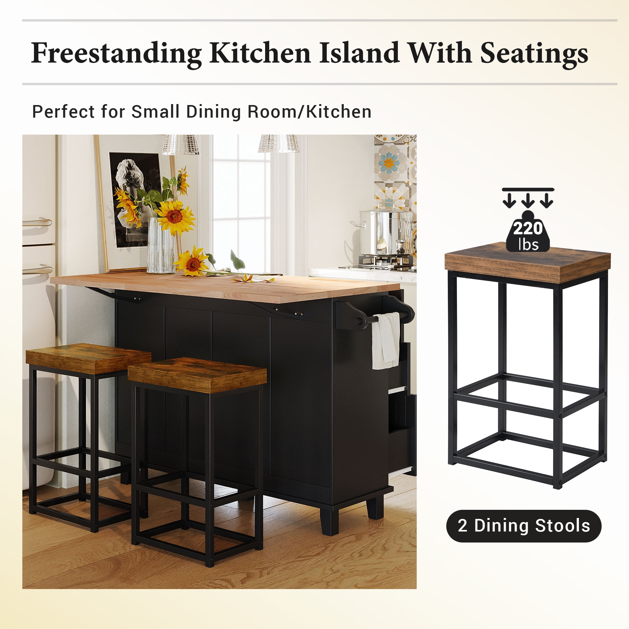 50'' Kitchen Island Set with Drop Leaf 2 Seatings,Farmhouse Dining Table Set with Storage Cabinet, Drawers and Towel Rack,Kitchen Cabinet Cart for Home,Black