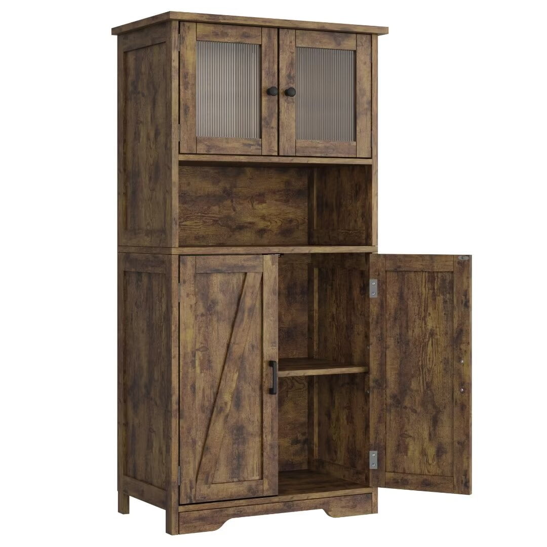 50" Kitchen Pantry Storage Cabinet with Glass Doors & Adjustable Shelves, Wooden Storage Cabinet for Kitchen Bathroom Living Room, Brown