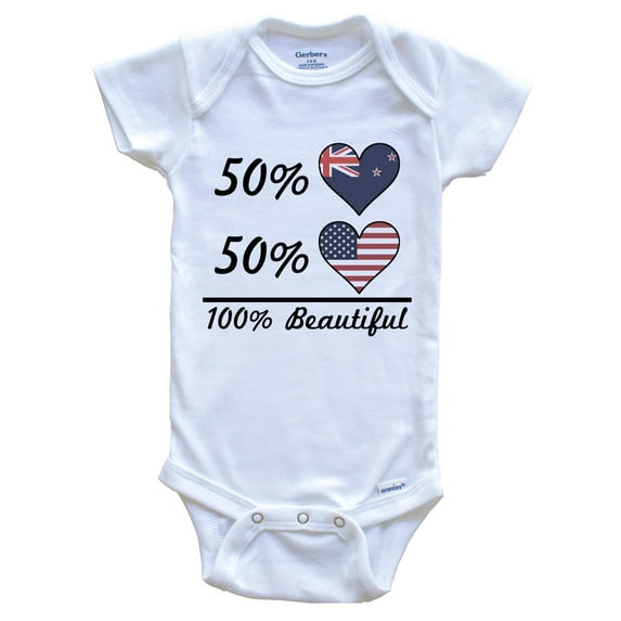 50% Kiwi 50% American 100% Beautiful New Zealand Flag Heart Baby Bodysuit, 6-9 Months White