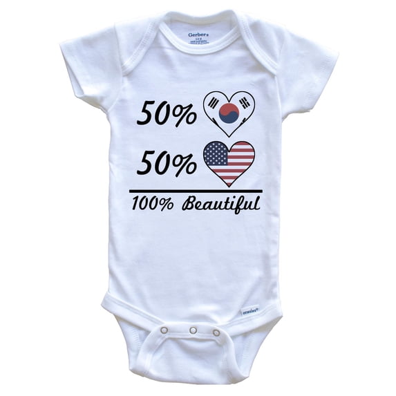 50% Korean 50% American 100% Beautiful South Korea Flag Heart Baby Bodysuit, 6-9 Months White