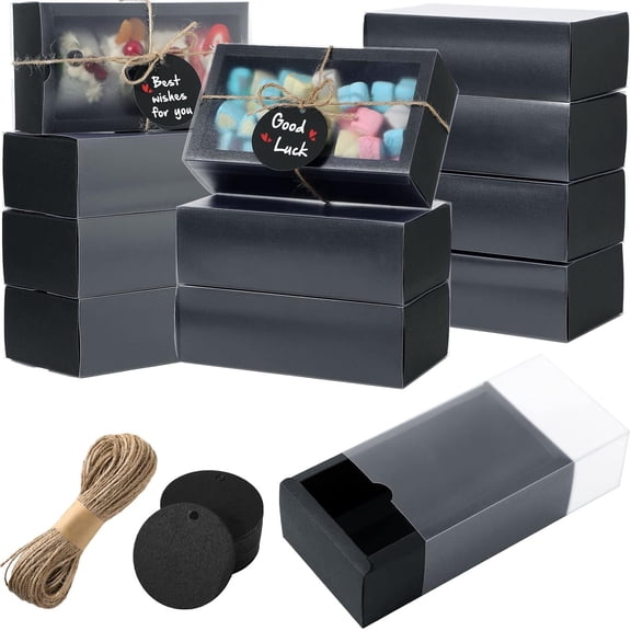 50 Kraft Gift Box Sets with Blank Tags and Jute String 6.3 x 3.5 x 2 Inch Black